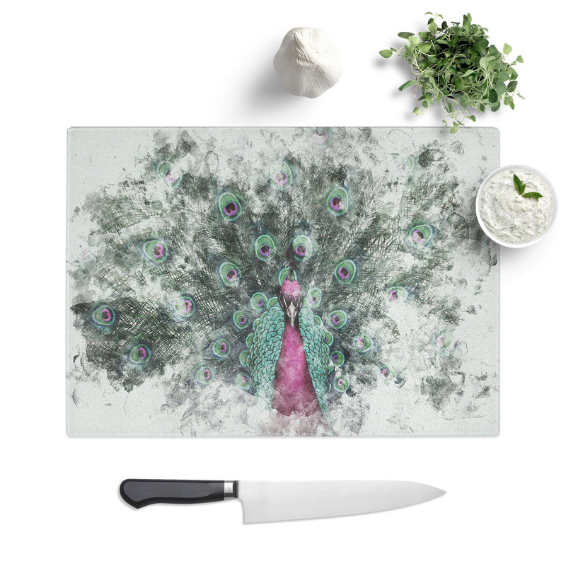 Tempered Glass Mesmerising Pink & Green Peacock Chopping Board, 28.5 cm x 39 cm