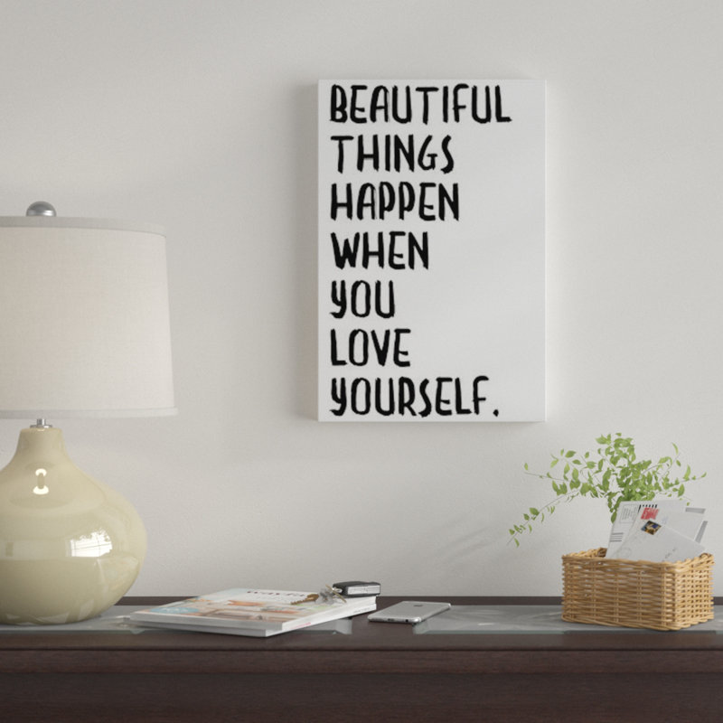 « belle things happens », art textuel sur toile, H 26 po x l 18 po x P 1,5 po
