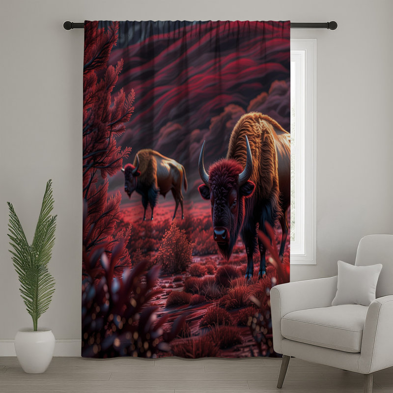 Rideaux de fenêtre Bison In Red Landscape, 1 pièce, 50 po x 92 po - 1 panneau, Transparent