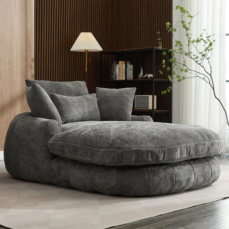 56.7" Gray Chenille Chaise Sofa Bed, No Assembly, Deep Seat with Pillows, Gray