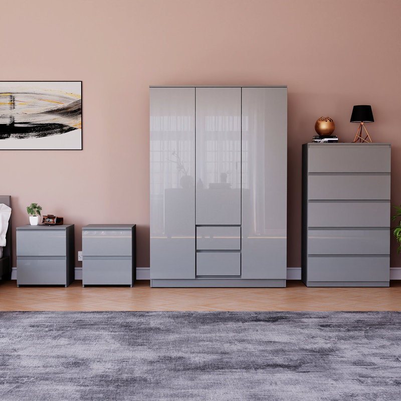 Taniesha 4 Piece Bedroom Set (2 Drawer Bedside Chest X2, 5 Drawer Chest, 3 Door 2 Drawer Wardrobe), (100% FSC), Grey