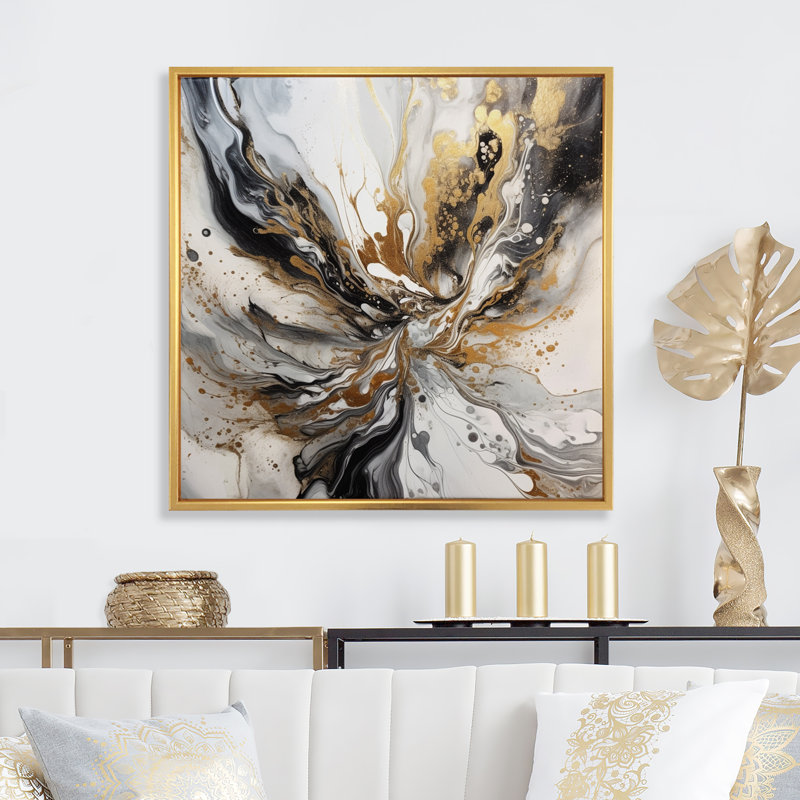 «Maja Artwork with Swirls Marble II», reproduction sur toile, H 16 po x l 16 po x P 1 po, Cadre flottant doré