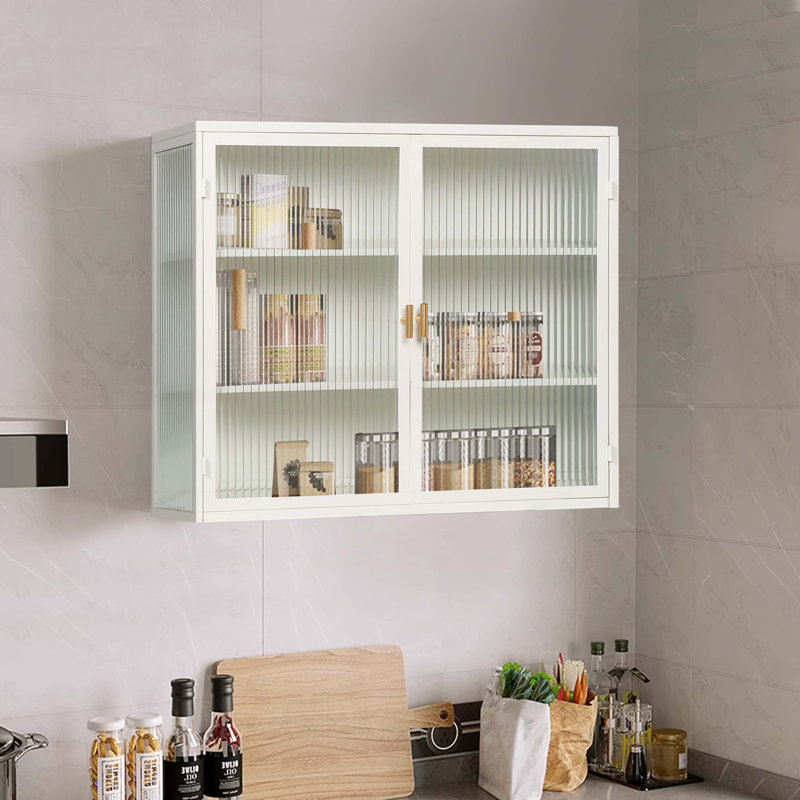 27.56"Glass Doors Modern Two-Door Wall Cabinet With Featuring Three-Tier Storage, White