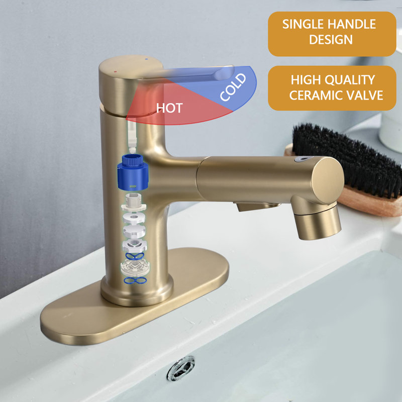 Pull Out Bathroom Faucet, Single Hole Bathroom Sink Faucet with 3 Sprayer Modes Pull Down Sprayer, Brushed Gold