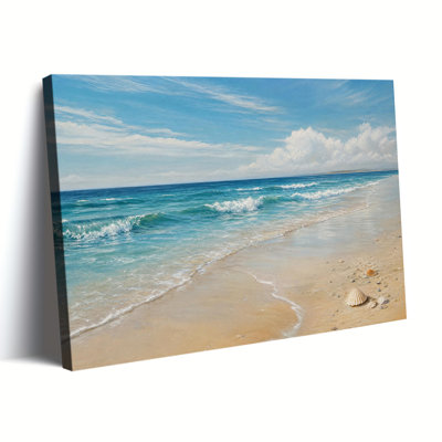 Ocean Beach Canvas Wall Art, Blue Sea Wave Seascape Painting with Seashells for Coastal Farmhouse Living Room Bathroom Decor