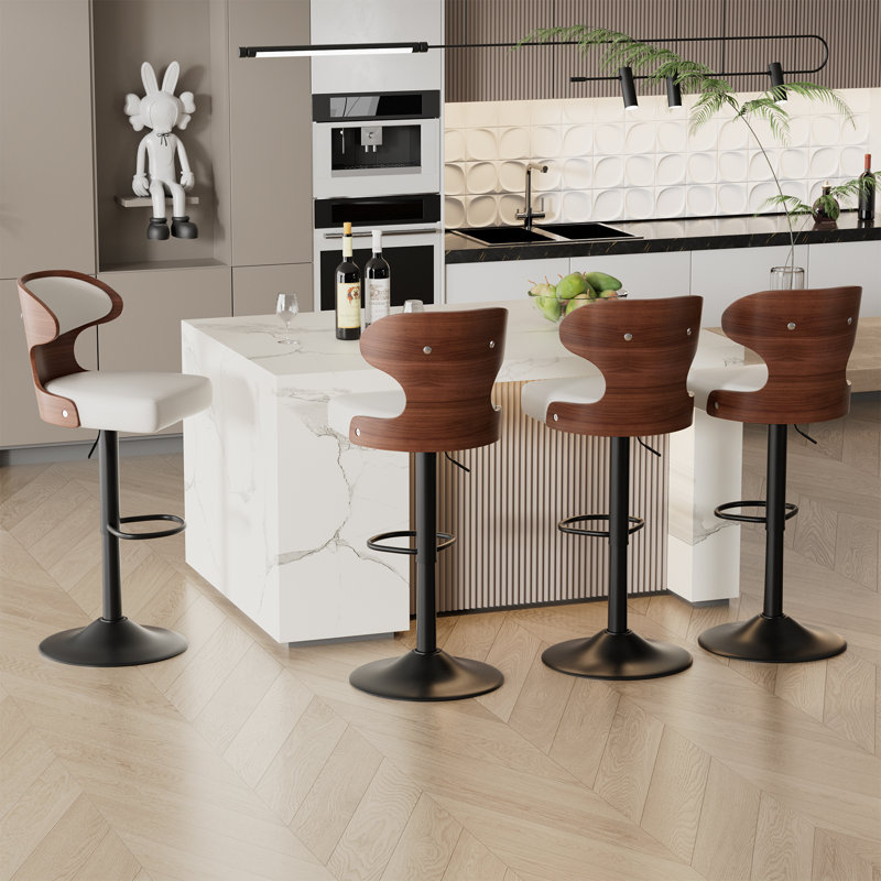 Bar Stools Set of 2 Seat Adjustable Height 62.2-85.1cm Bentwood Swivel Barstools with Back & Footrest - PU Leather Upholstered Bar Chair for Bar, Kitchen, Dining Room