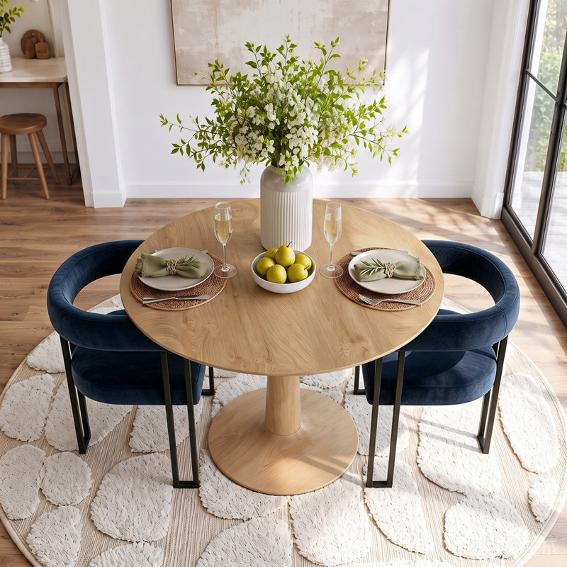 Ensemble de table de salle à manger pour 2 personnes avec table ronde et 2 fauteuils rembourrés en velours, Bleu