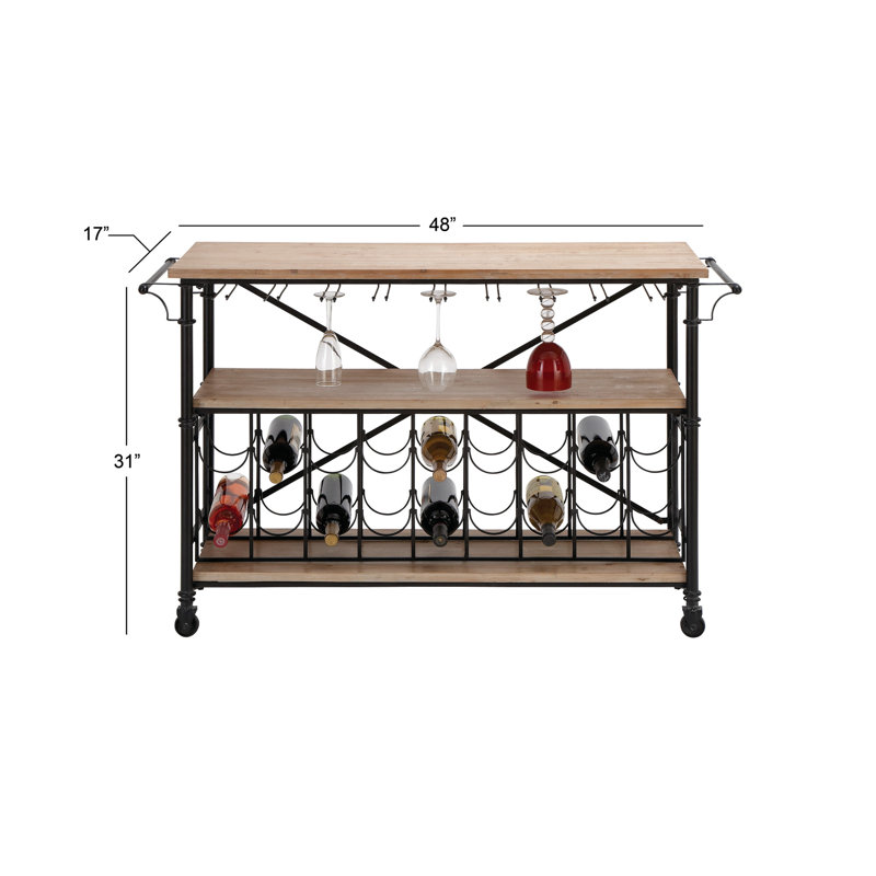 Industrial Black Iron and Fir Beverage Cabinet with Wine Storage