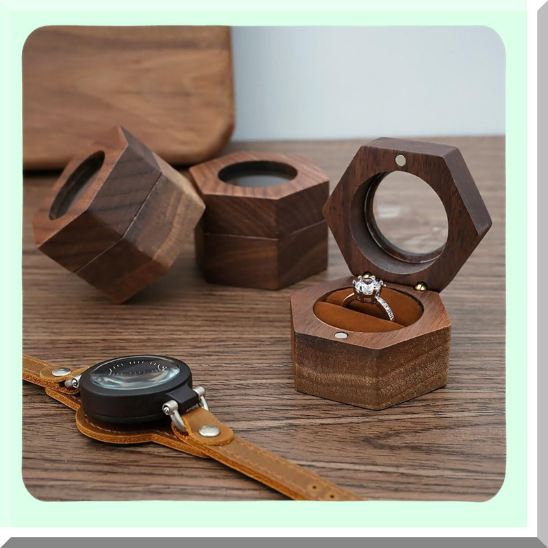 Wooden Hexagonal Ring Box for Weddings and Jewelry