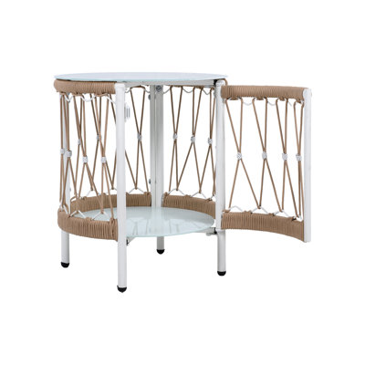 Bohemian Outdoor Side Table with Handwoven Rope Detail & Tempered Glass Top - Weather Resistant Patio Accent Table