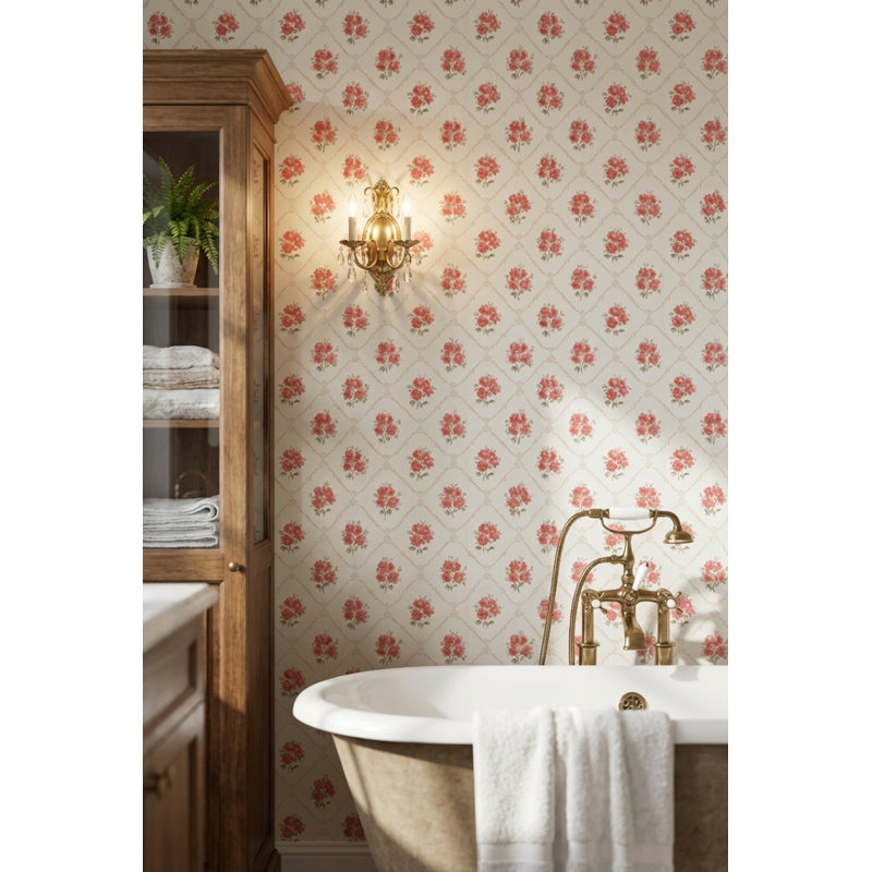 Papier peint floral rétro damas rouge, Peler et coller