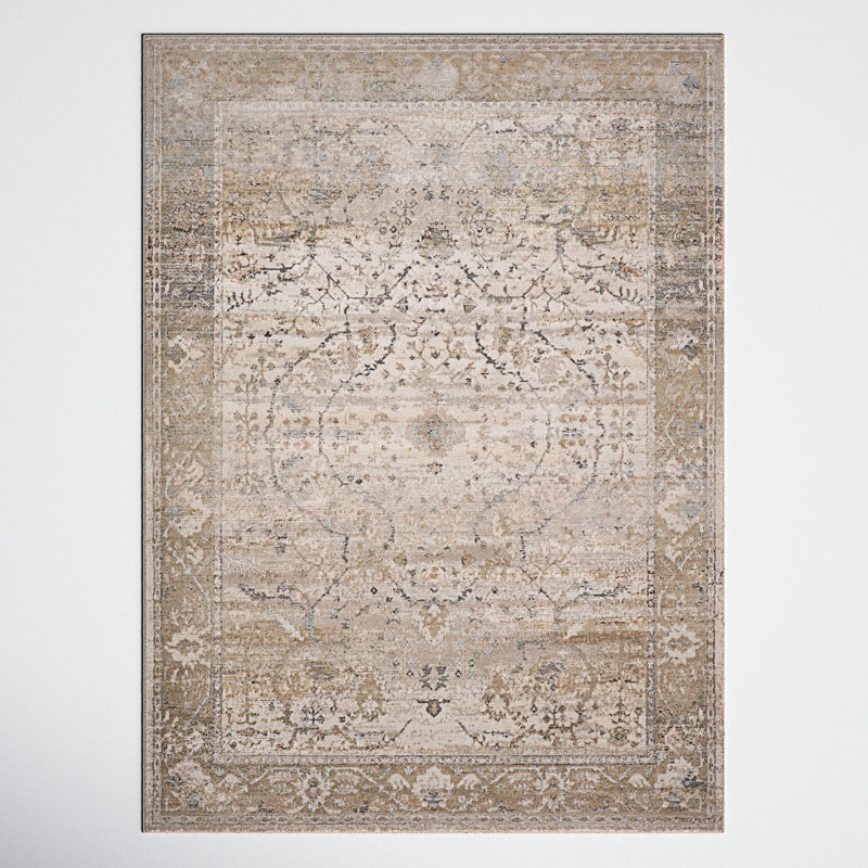 Large Gray and Beige Oriental Viscose Area Rug