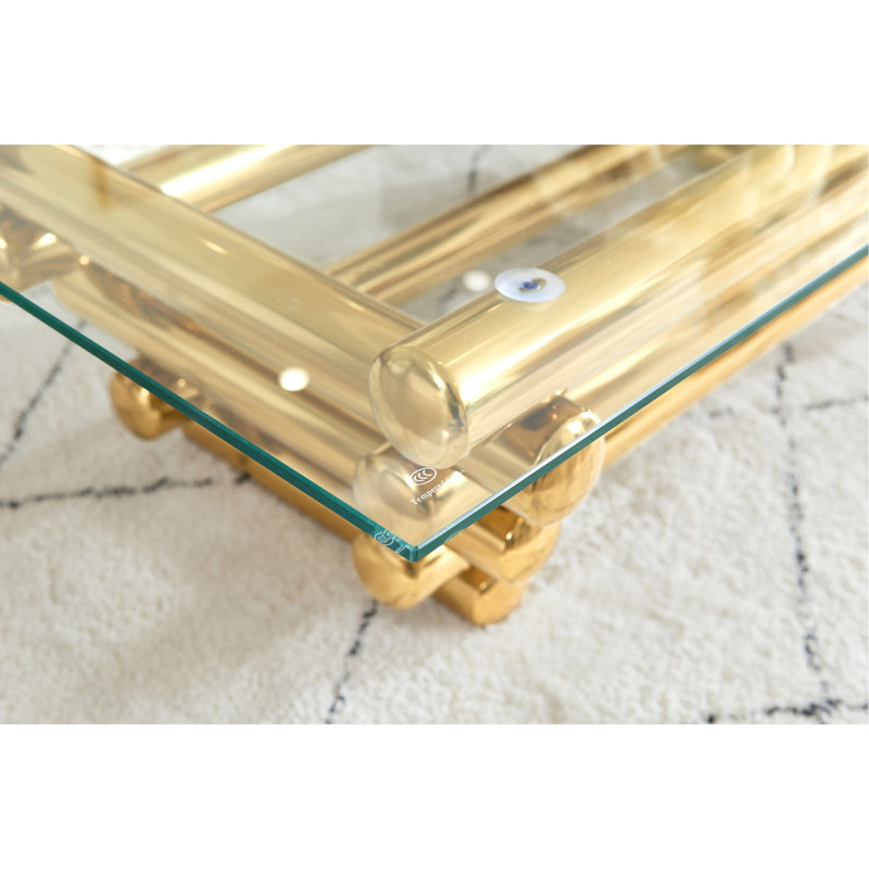 Table basse rectangulaire moderne en acier inoxydable de 55 po, plateau en verre trempé transparent, table de salon, style moderne, doré