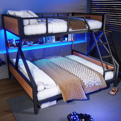 Queen Over King Bunk Bed With Storage Shelves And Lights,metal Bunk Bed For Adults & Teens, Noise-free, Space-saving Frame, No Box Spring Needed, Blac by Latitude Run