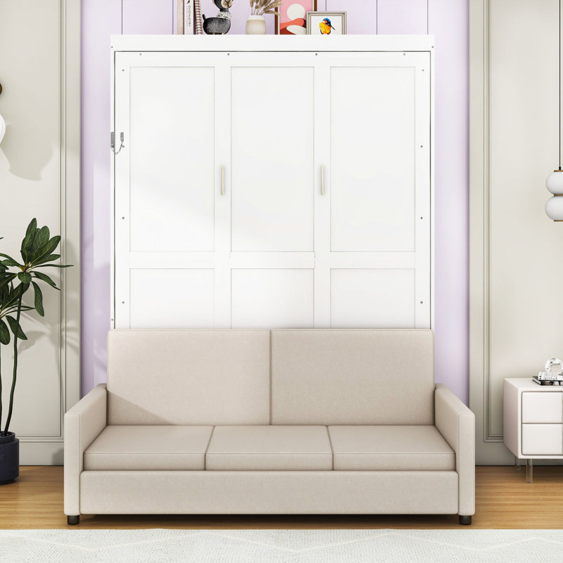 Lit escamotable en bois avec coussin, Blanc, Grand