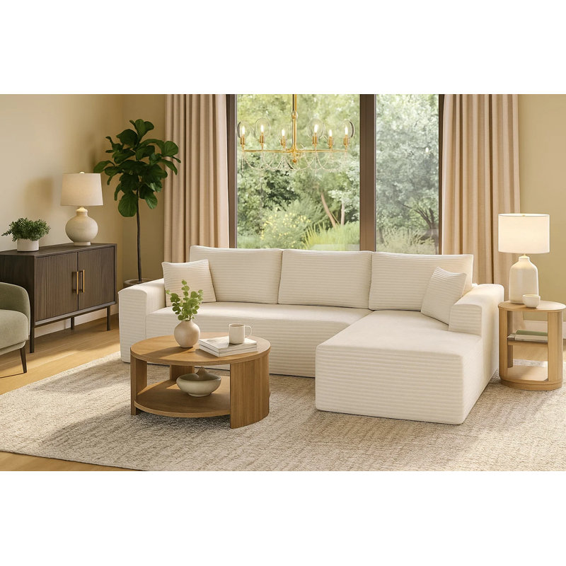 Canapé modulaire en velours côtelé 2 pièces 104 po avec méridienne 104 po côté droit - revêtement L beige, Orienté à droite