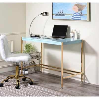 Wrought Studio™ Glossy Navy Blue & Gold Writing Desk w/ Outlet Features For Office Modern In Charging Integrations Work Efficiency