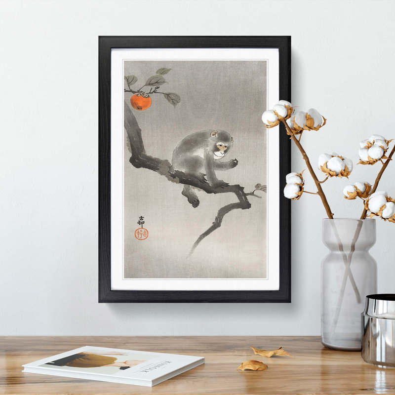 Monkey Upon an Orange Tree by Ohara Koson - Picture Frame Painting Print, 36cm H x 27cm W x 2cm D, Black Framed