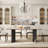 Contemporary 7-piece Dining Set, Faux Marble Rectangular Table With Black Wood & Metal Base, 6 Upholstered Linen Chairs With Black Solid Wood Legs