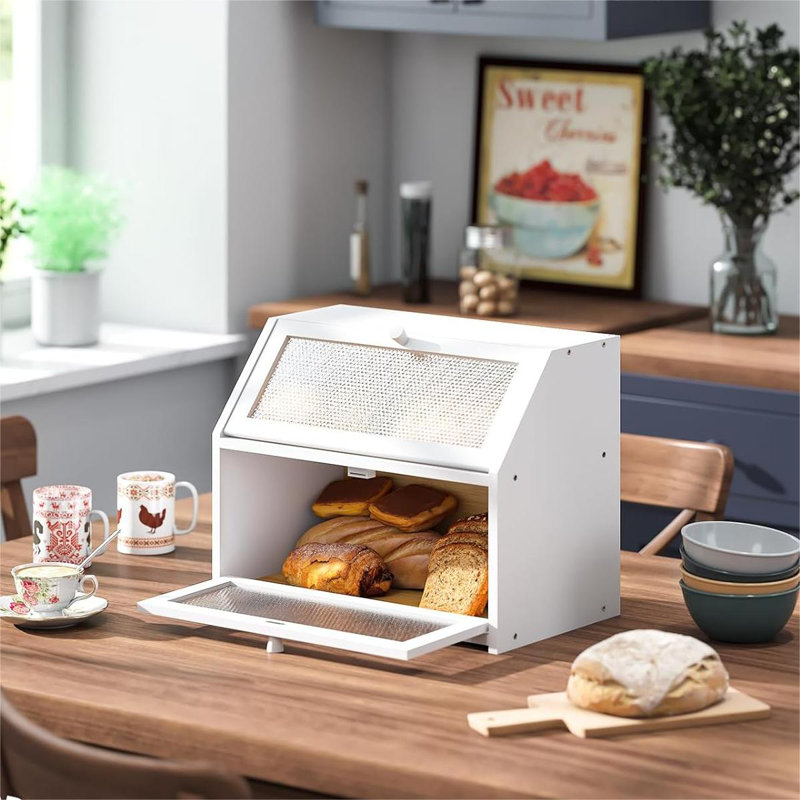 Breadbox For Kitchen Countertop Bin Bread Box Storage Airtight Container Extra Large Capacity Farmhouse Bread Box Double Layer With Diamond Pattern Windows Bread Holder Bamboo White