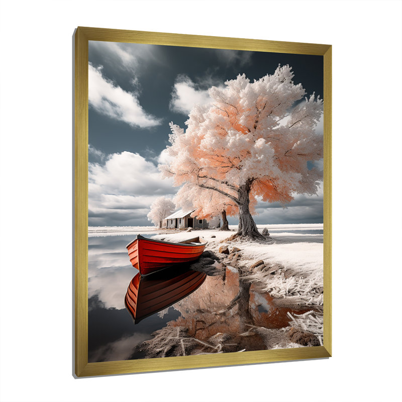 Bateau sur toile Larnette, Suède rouge, Suède, H 40 po x l 30 po x P 1,5 po, Cadre photo doré