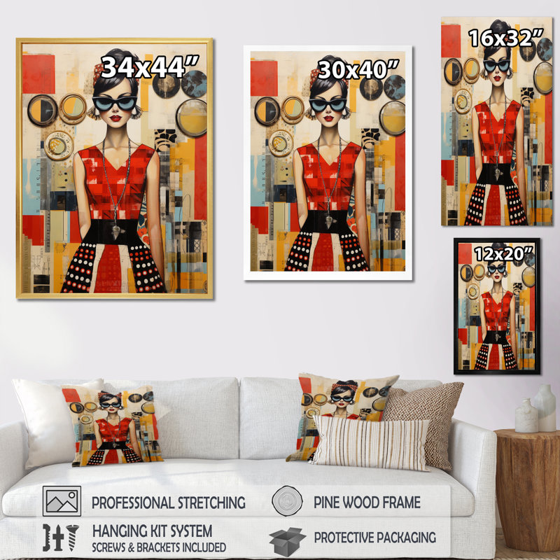 Mid Century Retro Woman Portrait V - Abstract Midcentury, art mural encadré, Cadre photo noir, H 20 po x l 12 po x P 1 po