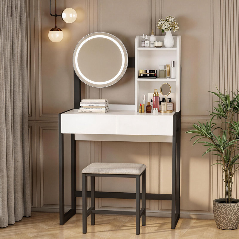 Petit ensemble de coiffeuse avec miroir lumineux et prise de courant, Noir