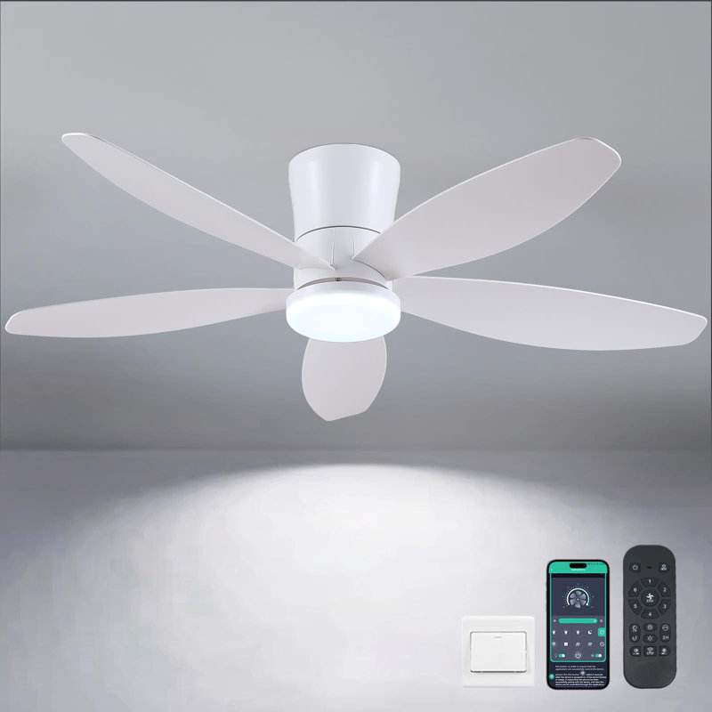 Ventilateur de plafond encastré 36/42/48 po à profil bas avec éclairage et télécommande, 48 po de largeur, Blanc, White