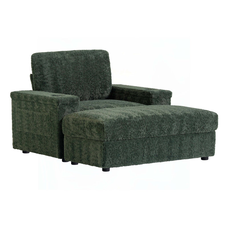 Fauteuil rembourré avec repose-pieds avec rangement et accoudoirs, porte-gobelets, Fausse fourrure verte