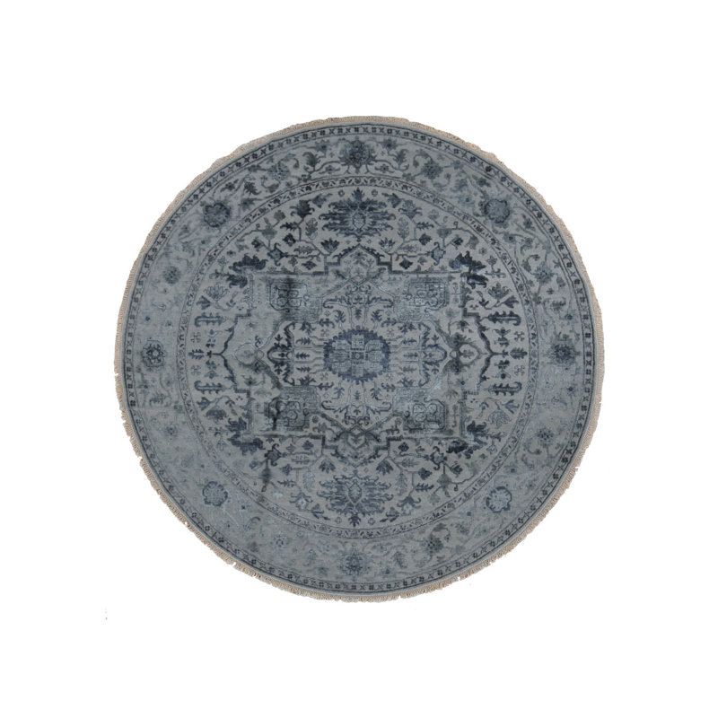Tapis rond gris en laine et en soie noué à la main 10 pi x 10 pi Heris