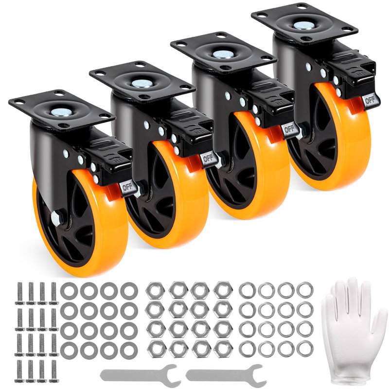 Heavy Duty 5-Inch Orange and Black PVC Swivel Plate Casters Set of 4