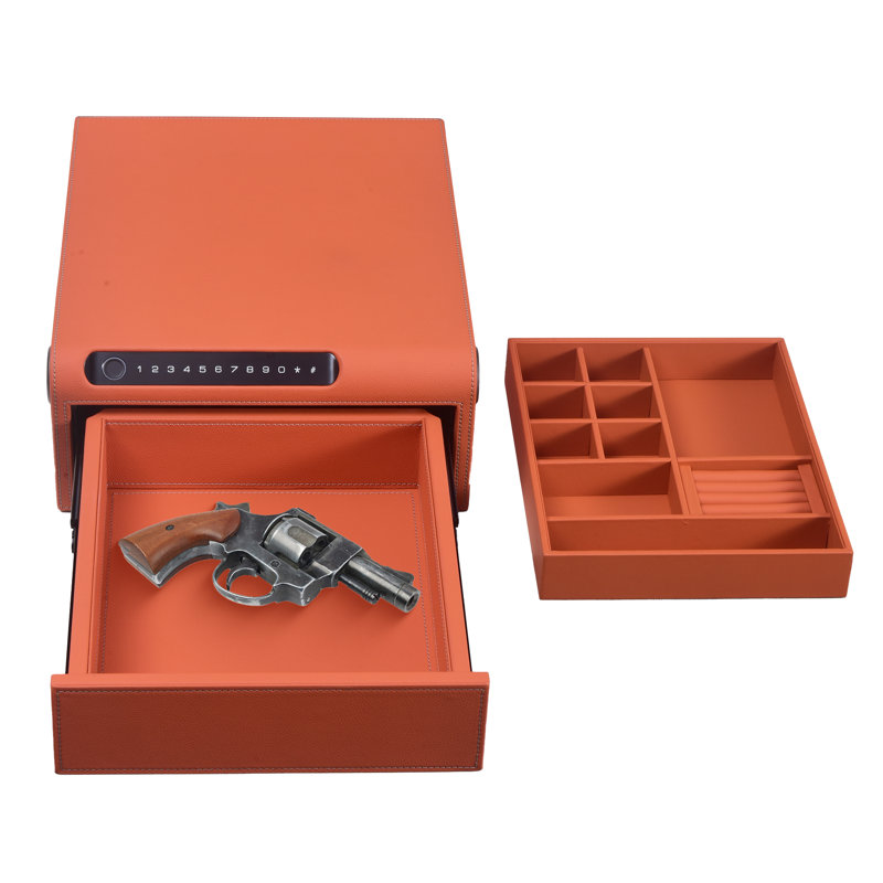 Coffre-fort à bijoux biométrique à empreinte digitale pour la maison, H 6,1 po x l 18,3 po x P 15,3 po, Cuir orange