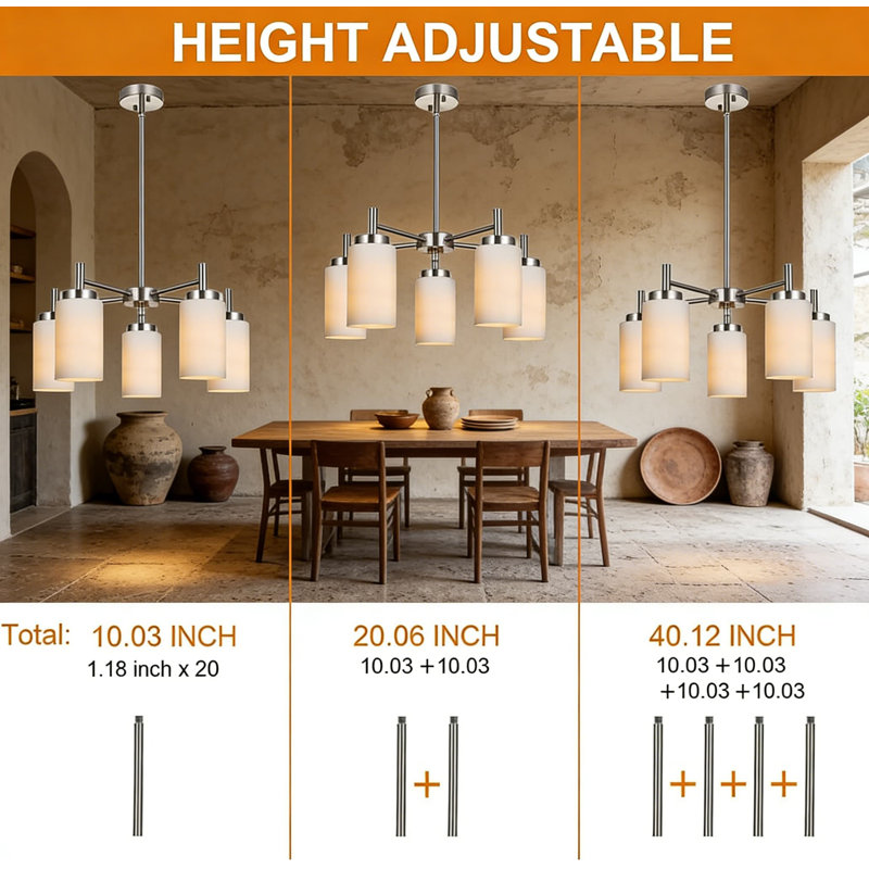 Lustre moderne à 5 lumières avec abat-jour en verre blanc opale, luminaire suspendu réglable pour îlot de cuisine, salle à manger et décor de maison de campagne