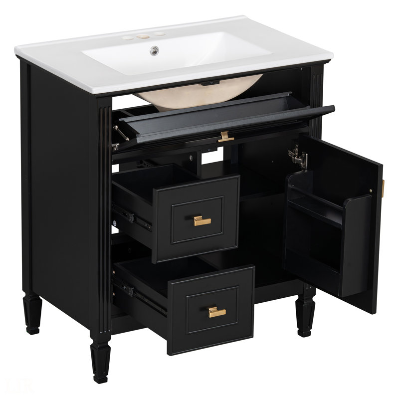 Meuble-lavabo 30 po avec lavabo, meuble-lavabo avec un tiroir rabattable et deux tiroirs, tablette réglable, meuble-lavabo