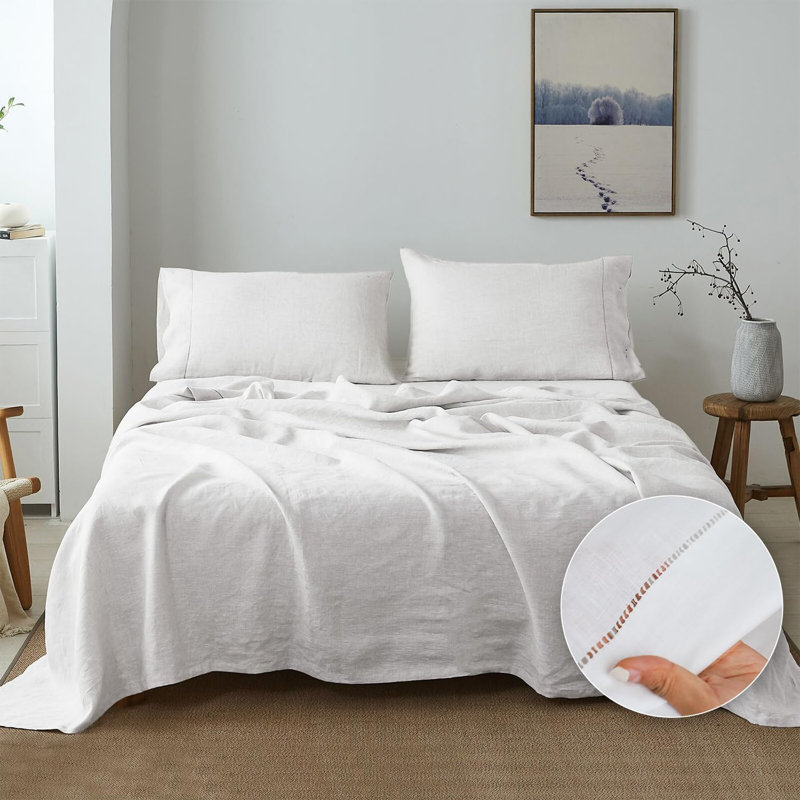 100% French Linen Sheet Set Handmade Hemstitch-4 Pcs Natural Flax Farmhouse Bed Sheets(1 Flat Sheet 1 Fitted Sheet 2 Pillowcases)