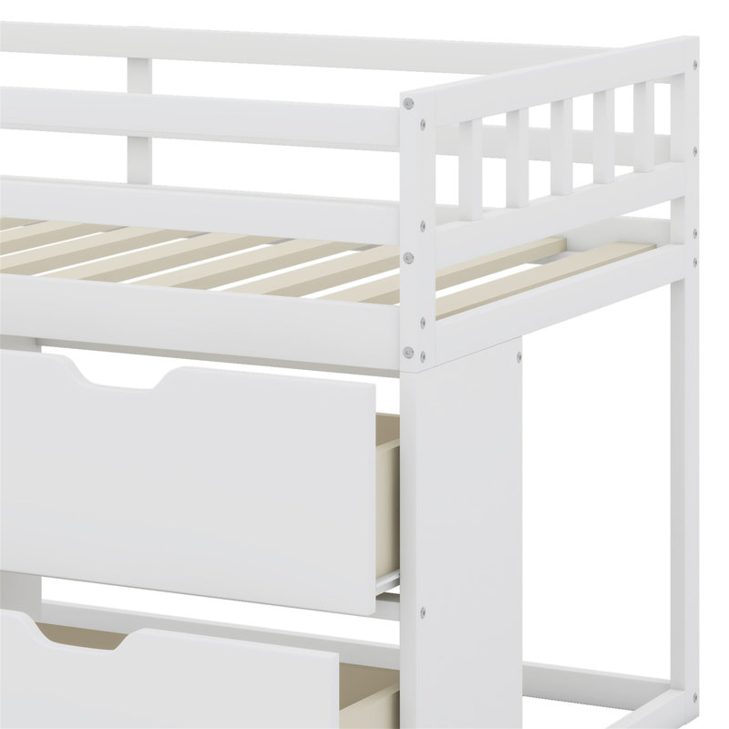 Lit mezzanine bas avec bureau roulant, tablette et tiroirs, Blanc