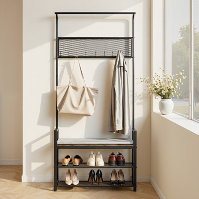 Portemanteau, portemanteau 72 po avec banc à chaussures, range-chaussures autoportant à 2 niveaux avec crochets, tringle et tablette grillagée, porte-manteau d'entrée en acier pour l'entrée, la chambre à coucher, le placard