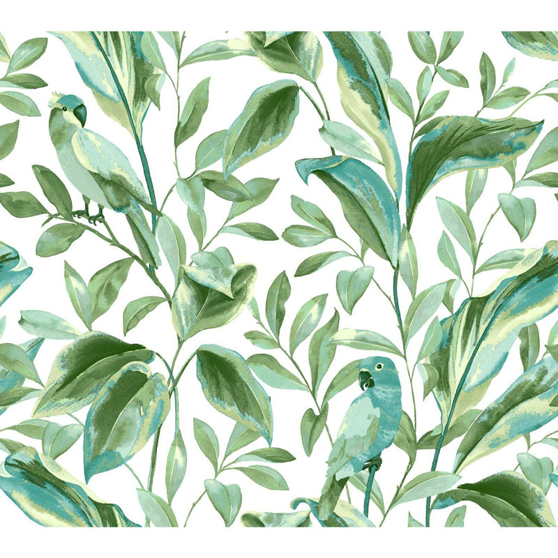 Papier peint oiseaux tropicaux, Blanc / turquoise