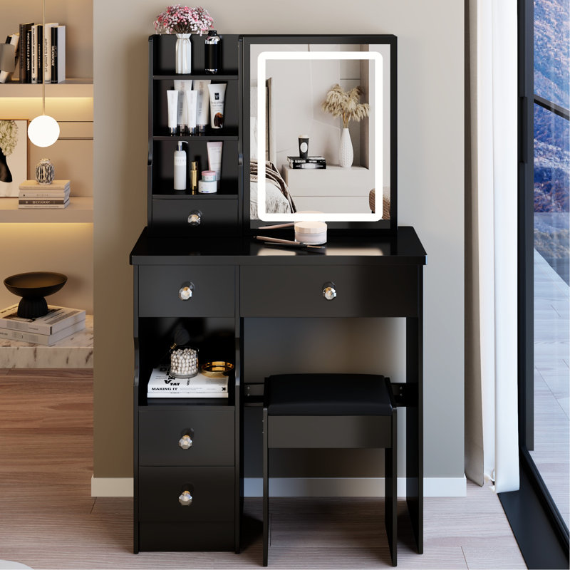 Petite table de coiffeuse avec tiroir de gauche, tabouret rembourré, miroir à DEL tricolore, espaces de vie intimes, espace confortable