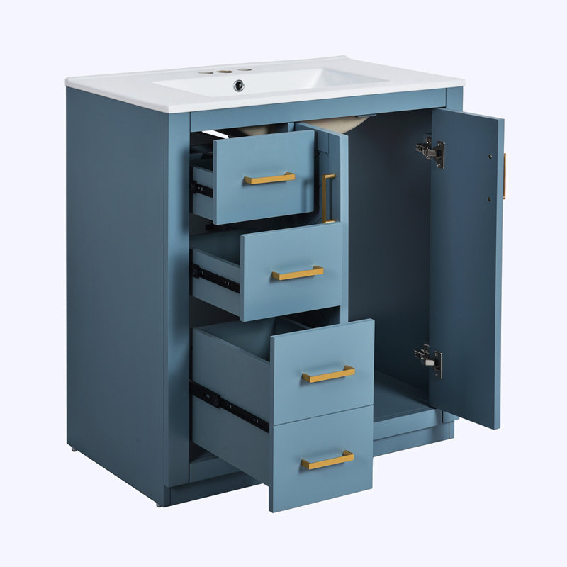 Ensemble de meuble-lavabo autoportant avec lavabo en céramique, Bleu clair