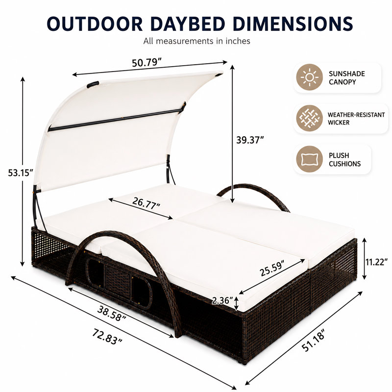 Double Outdoor Chaise Lounge Daybed With Canopy, 5-Position Adjustable Reclining Backrest With Hidden Side Table And Arched Armrests