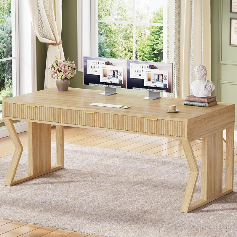 55" Executive Desk With 3 Drawers, Home Office Desk With Storage Drawers, Computer Writing Desk Study Table