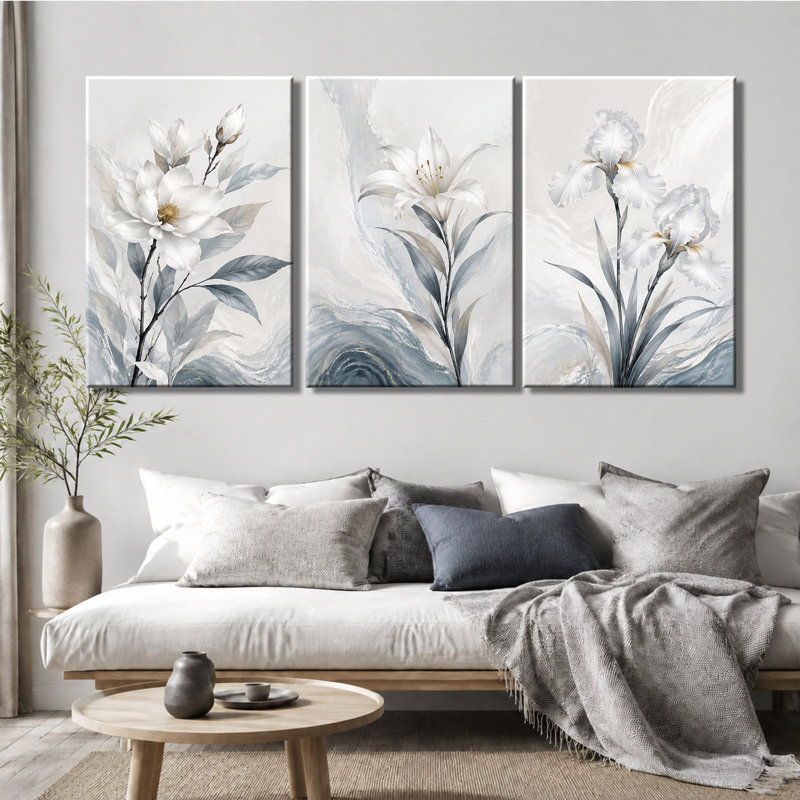 3 panneaux muraux Lily Iris, impression sur toile à motif floral marbré pour salon, 24 * 36 pouces * 3
