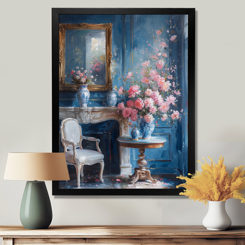 Bleu bleu, château, chic, fleurs, châteaux, art mural, salon, H 32 po x l 16 po x P 1 po, Toile encadrée noire simple