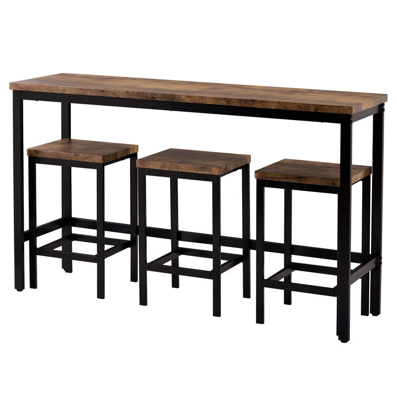 Ensemble de 4 tables de bout à hauteur de comptoir 4 pièces avec 3 tabourets et repose-pieds, brun foncé, Brun