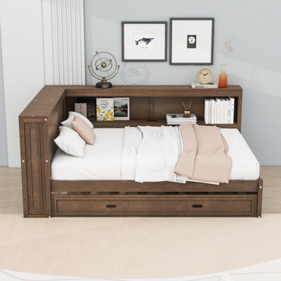 Full Wood Daybed with Twin Trundle, Shelves, Charging Station and LED Lighting