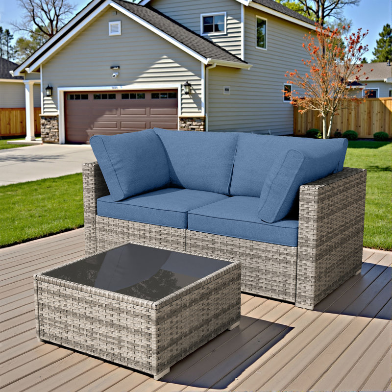 3-person Outdoor Sectional With Cushions,all-weather Wicker Patio Set, Denim Blue