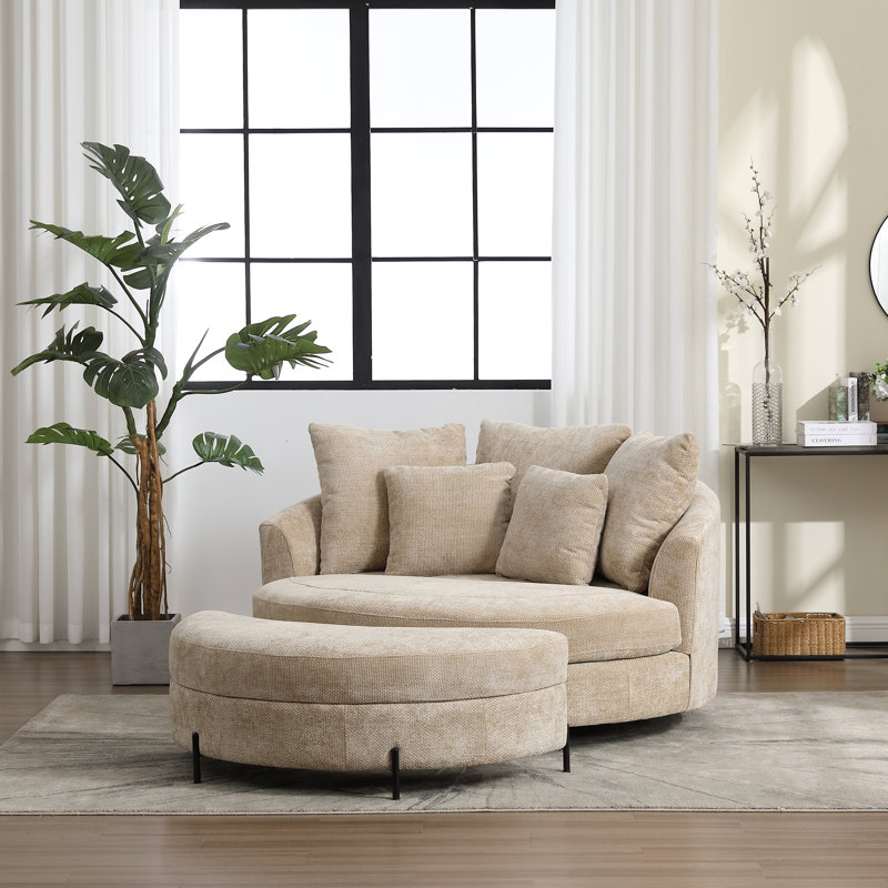 Upholstered Barrel Chair With Ottoman, Wheat Chenille