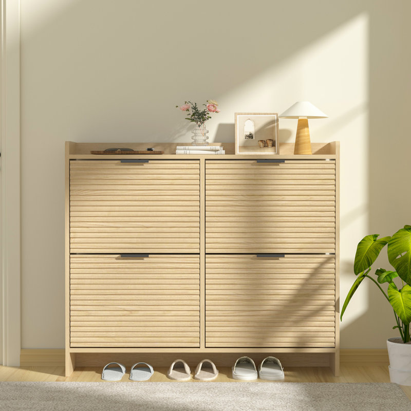 Shoe Storage Cabinet With 4 Flip Drawers, Hidden Slim Shoe Rack Cabinet With Adjustable Shelf, Wooden Shoe Organizer For For Narrow Entryway, Hallway, Bedroom, Oak