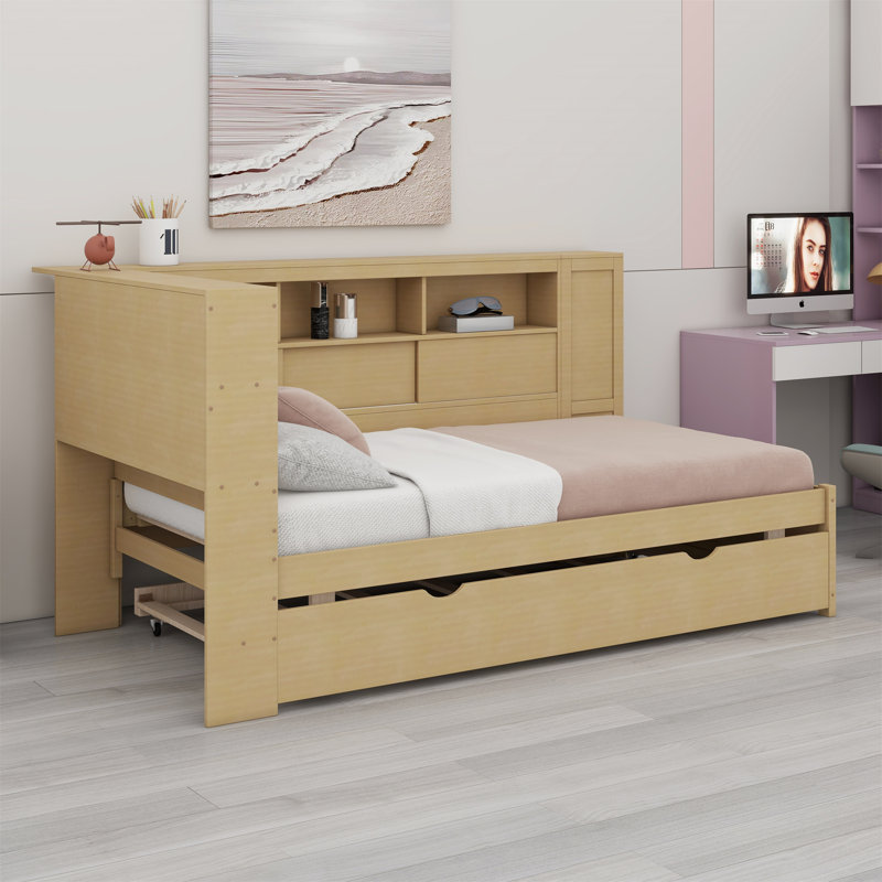 Lit de jour en bois avec tablettes de rangement, USB et lit gigogne, Naturel